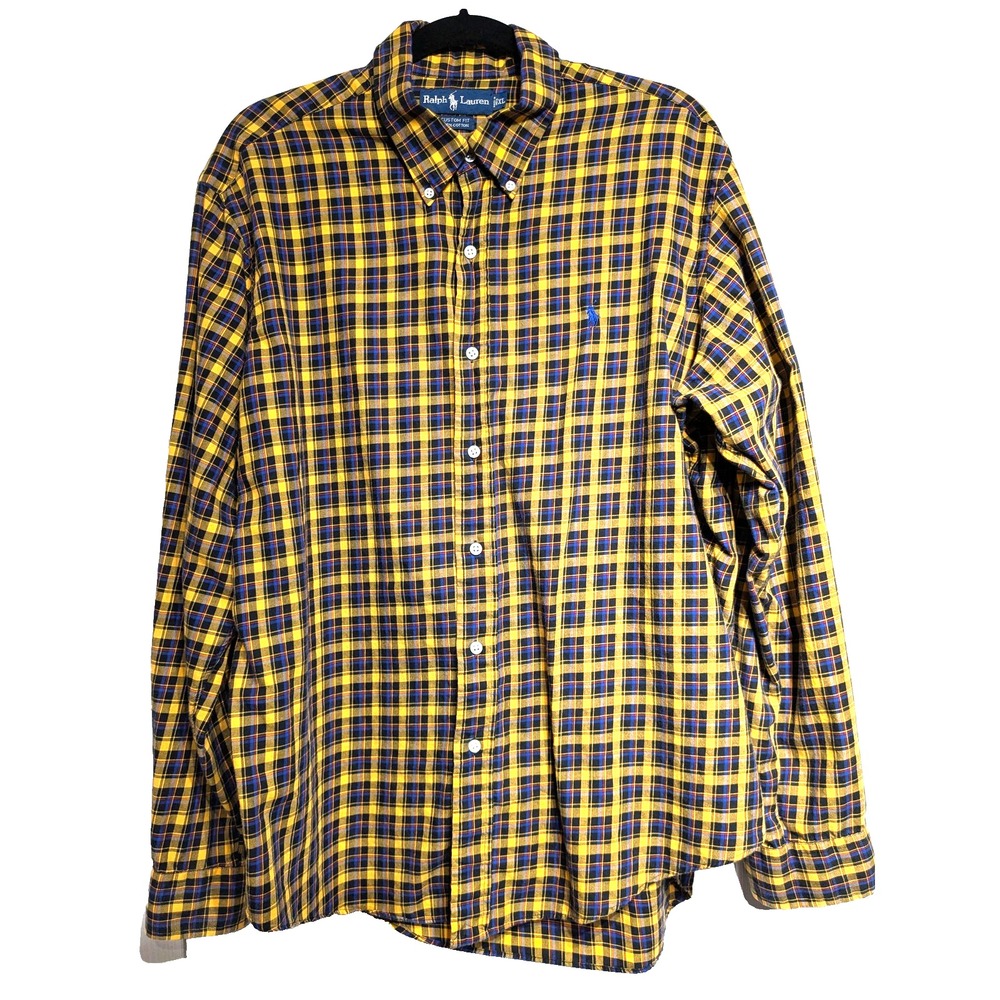 Ralph Lauren Shirt Mens XL Yellow Blue Plaid Button Down Custom Fit Long Sleeve